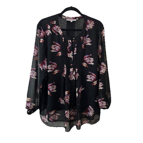 Daniel Rainn Sheer Floral Pintuck Long Sleeve Tunic Blouse Size 1X Black Pink - Picture 1 of 11